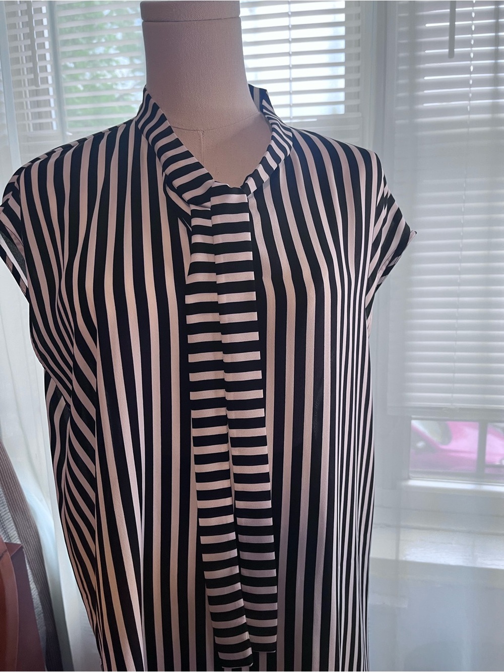 Bar III Black and White Striped Tie-Neck Blouse